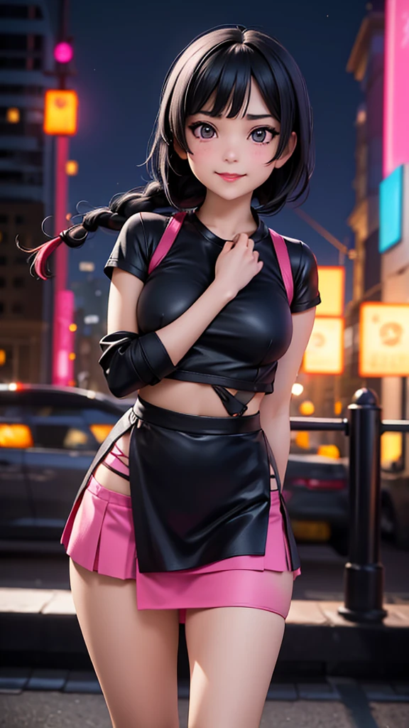 Face focus, portrait, glowing black eyes, feminine style, one girl, asymmetrical bangs, bangs, black hair, braid, bra, camera gaze, smile, night, city, bob hair, abdomen, red lips, shirt, solo, standing, braid, upper body, miniskirt, pink miniskirt, perfect body line, beautiful kubire, beautiful, naughty face