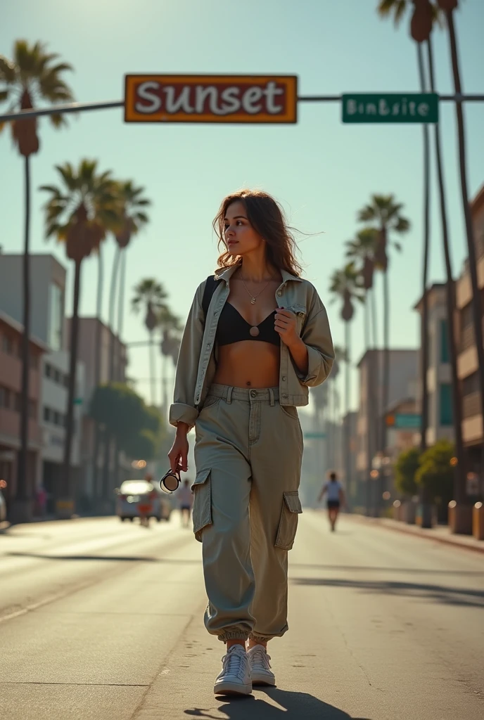 A 19-year-old woman walking down Sunset Boulevard, wearing a cropped jacket and baggy cargo pants, with sneakers. She casually looks over her shoulder, holding a pair of sunglasses in one hand. The background captures the iconic Sunset Boulevard sign, with a slight lens flare effect, giving a cinematic feel to the photo.