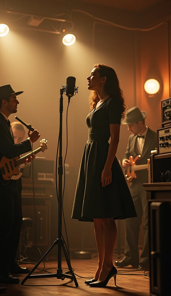 A 1940s recording studio with a warm, sepia glow. In the center, an old-fashioned microphone is surrounded by vintage analog equipment. A young woman, personified as a song, stands by the microphone, dressed in a 1940s style dress. She exudes excitement and energy as she sings. Musicians play in the background, with instruments typical of the era. The room feels alive with the birth of a new creation. (size: 1024x1024)
