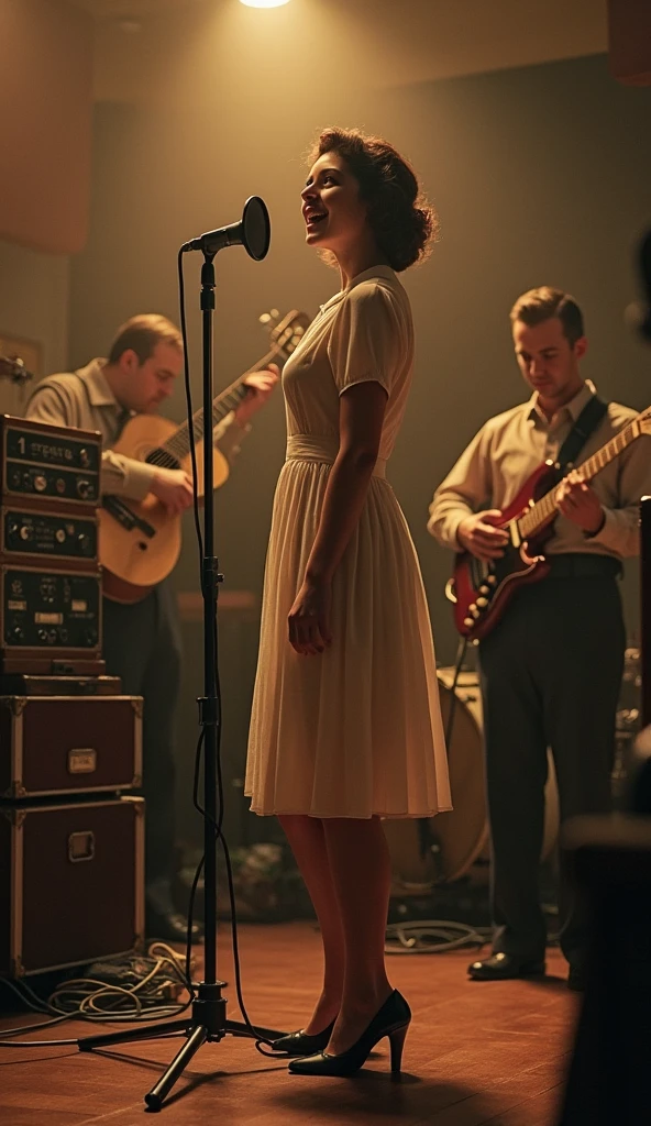 A 1940s recording studio with a warm, sepia glow. In the center, an old-fashioned microphone is surrounded by vintage analog equipment. A young woman, personified as a song, stands by the microphone, dressed in a 1940s style dress. She exudes excitement and energy as she sings. Musicians play in the background, with instruments typical of the era. The room feels alive with the birth of a new creation. (size: 1024x1024)