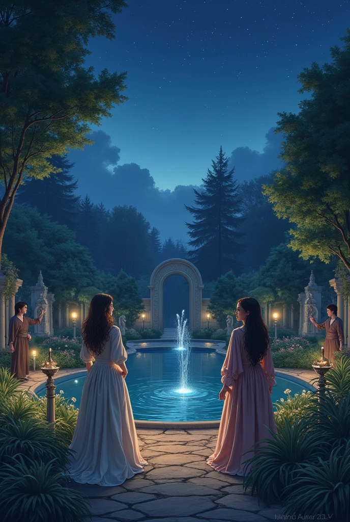 A GARDEN , a lake, AT NIGHT TWO WOMEN WITH BROWN AND BLACK HAIR, TWO GENTLEMEN WITH BLONDE AND BLACK HAIR, medieval era