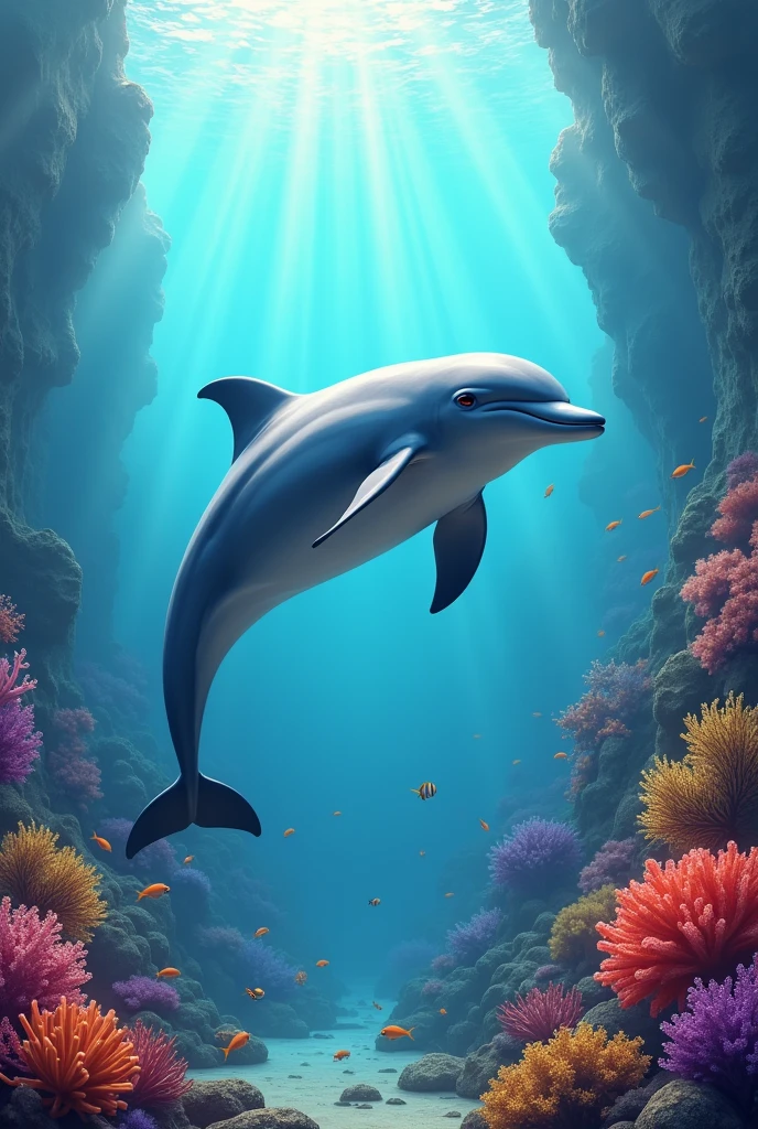 Make a dolphin swimming in the sea next to many colorful corals and sun