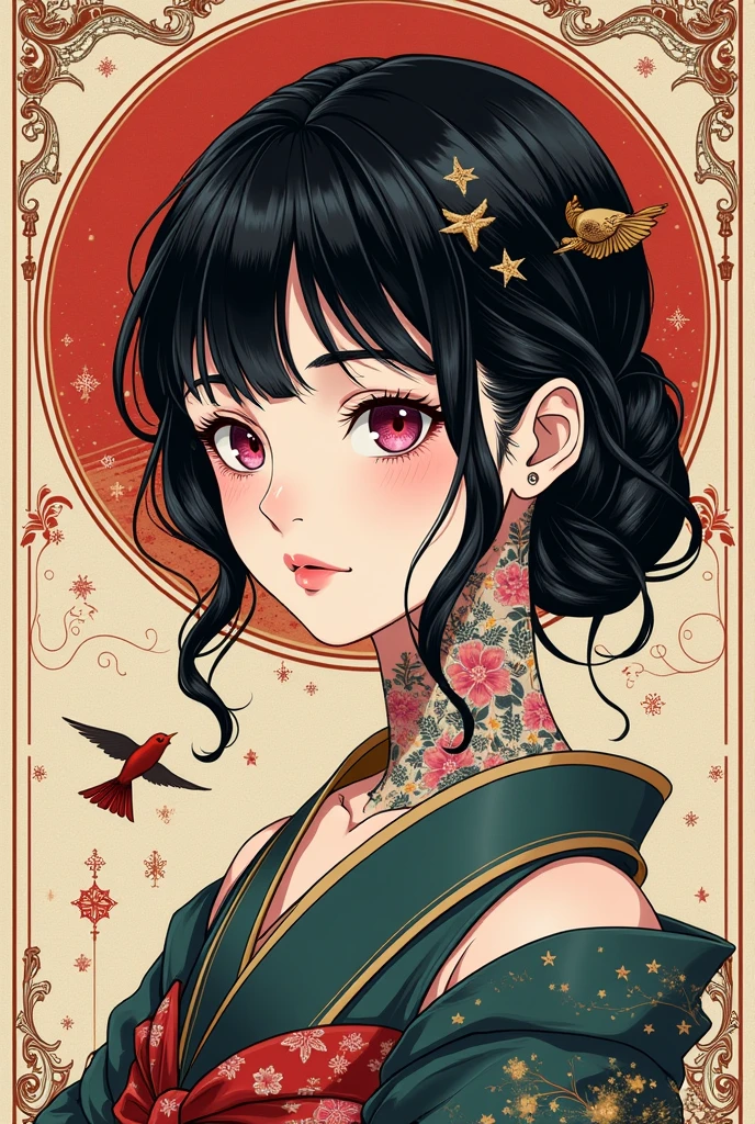 ((best quality)), ((masterpiece)), (detailed), ((perfect face of [Nezuko Komado] from Kimetsu No Yaiba)), black hair, pink eyes, surreal, art nouveau, sparrows, fantasy, sci-fi, line drawing, japanese, traditional, vintage, elegant, chic, sophisticated, tattooed face, black and white, in the style of french illustrator moebius, 
