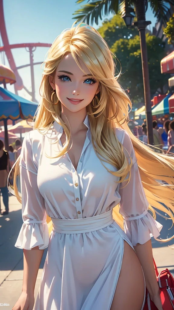 (best quality,ultra-detailed,photo-realistic:1.37),bright and vibrant colors,studio lighting,playful expression,stylish makeup,long blonde hair flowing in the wind,alluring eyes,glossy lips,sexy pose,preppy look, Amusement Park, smiling in a confident and seductive way,posing for a professional photoshoot,shallow depth of field,highlighting the main subject,soft natural lighting,creating a dreamy and magical atmosphere.