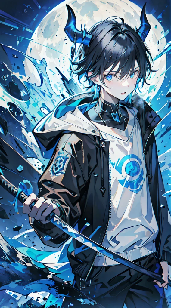 1 person, best quality, masterpiece, 1 boy, scruffy black hair, bangs, Blue eyes, long earrings, black hoodie, blue demon horns, blue katana, at the back, moon, dark night, looking at viewer, upper body.