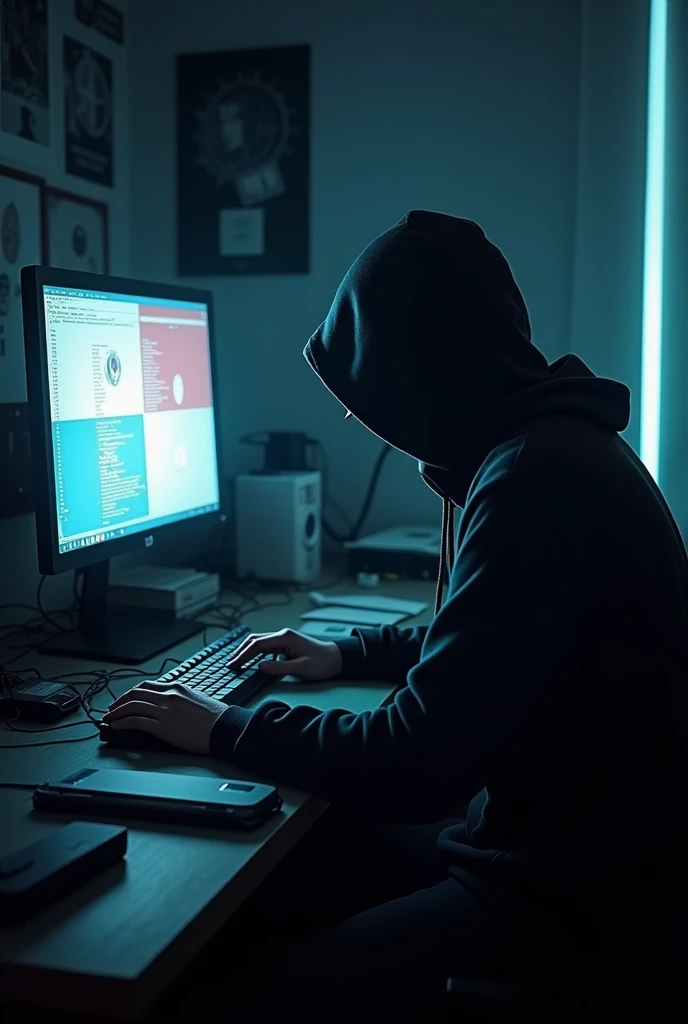 Hacker sitting in front of a. Monitor with a name on the back "King E" and the flag of Panama