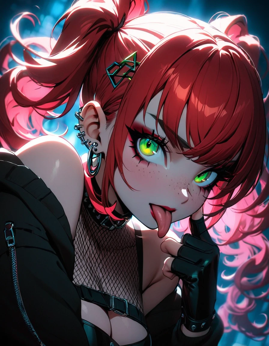 woman, curly red hair in pig tails, green eyes, eye shadow, black hoodie, black finger-less gloves, exposed shoulders, large breasts, freckles, cleavage, fishnet undershirt, looking at viewer, Holo-Punk Style, goth, earrings, eyelashes, makeup, solo, tattoo, punk aesthetic, cinematic lighting, masterpiece, best quality, face close up, sticking tongue out, two fingers