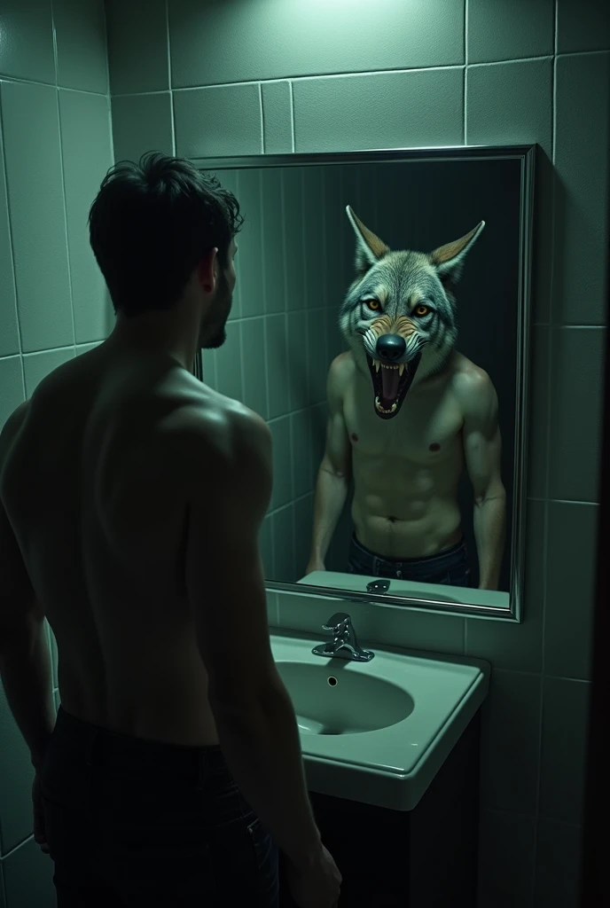 
 Jhon comes out of the shower, He looks in the mirror when suddenly in the mirror he sees the reflection of a wolf, bewildered he falls to the floor and begins to hear voices throughout the bathroom, scared he starts screaming and looking for his medicines, When he takes a large dose he falls to the ground hitting his head and fainting immediately. 
