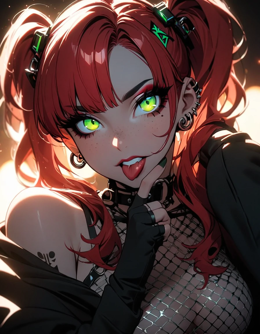 woman, curly red hair in pig tails, green eyes, eye shadow, black hoodie, black finger-less gloves, exposed shoulders, large breasts, freckles, cleavage, fishnet undershirt, looking at viewer, Holo-Punk Style, goth, earrings, eyelashes, makeup, solo, tattoo, punk aesthetic, cinematic lighting, masterpiece, best quality, face close up, sticking tongue out, two fingers