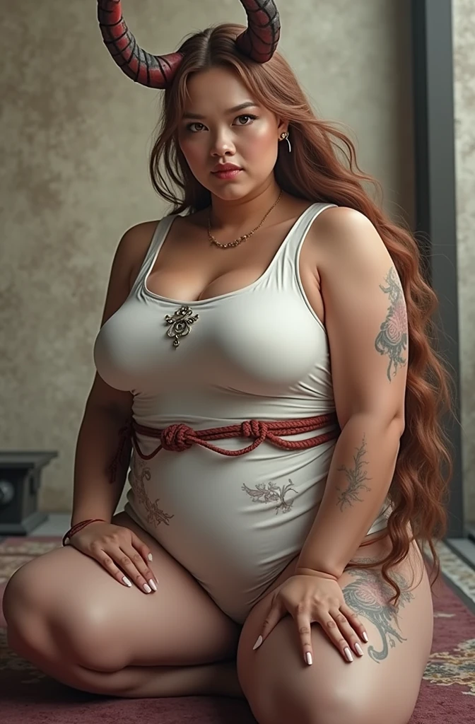Numerous award-winning masterpiece, with incredible detail, textures and maximum detail), (hyper realistic:1.4), (full-body image:1.6),(beautiful female oni warrior:1.7),( sitting in seiza pose:1.7) (thick curvy and mature body yet muscular:1.5), (reddish fair skin tone:1.3), (wearing off shoulders kimono1.2), (2 long oni horns:1.44),(pointy ears)(white long hair blown by the wind:1.2) (wind effect)  (best quality real texture skin), (finely detailed true circle eyes), (finely Detailed and beautiful face that is out of this world:1.6), (The challenging look of the proud warrior), (She has serious gaze in  her eyes and a grin on her face:1.3), (Beautiful eyes that sparkle and shine), (Dramatic Light),(A majestic sight), (((dramatic photo))),(Sunny), ((dramatic pose)), (flamboyant photo), (golden hair),  epic realistic, faded, art, (art station:1.5), cinematic, ((neutral colors)), (hdr:1.5), (muted colors:1.2), hyper detailed, dramatic light, (intricate details:1.1), complex background,
