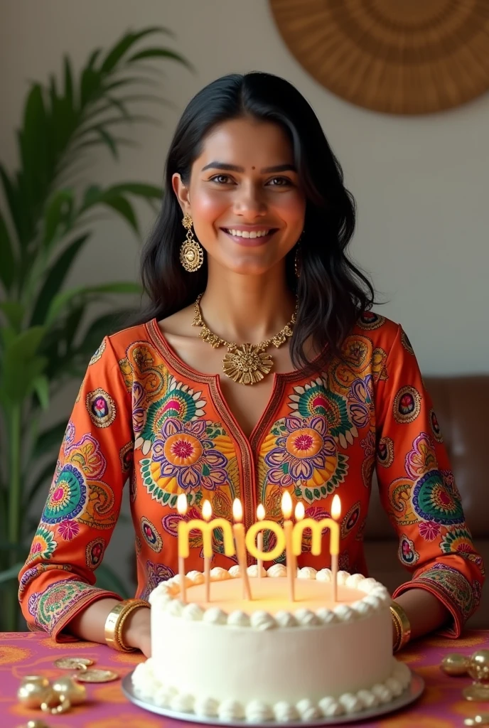 Mother in indian aesthetic outfit skin colour vitiligo wearing a kurti  with a lots of detailed mandala work with bangles earings and one jewellery on neck hair open with  cutting bday cake and cake in vannila flavour in full white colour and upon the cake it is written mom