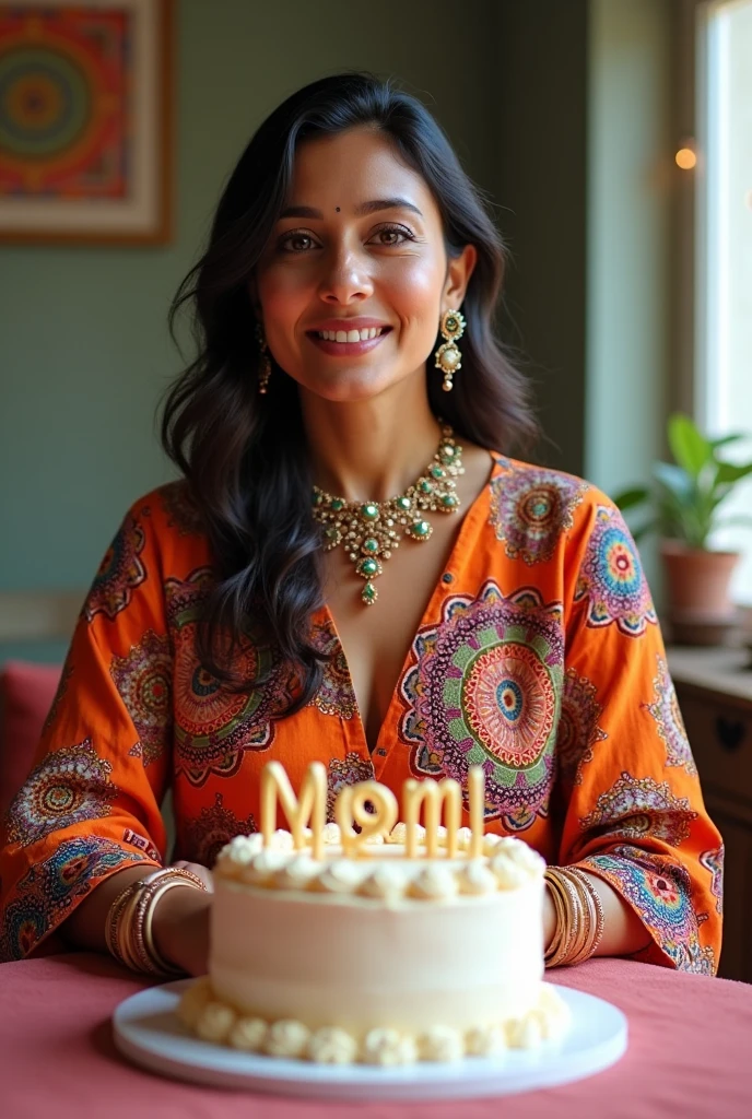 Mother in indian aesthetic outfit skin colour vitiligo wearing a kurti  with a lots of detailed mandala work with bangles earings and one jewellery on neck hair open with  cutting bday cake and cake in vannila flavour in full white colour and upon the cake it is written mom