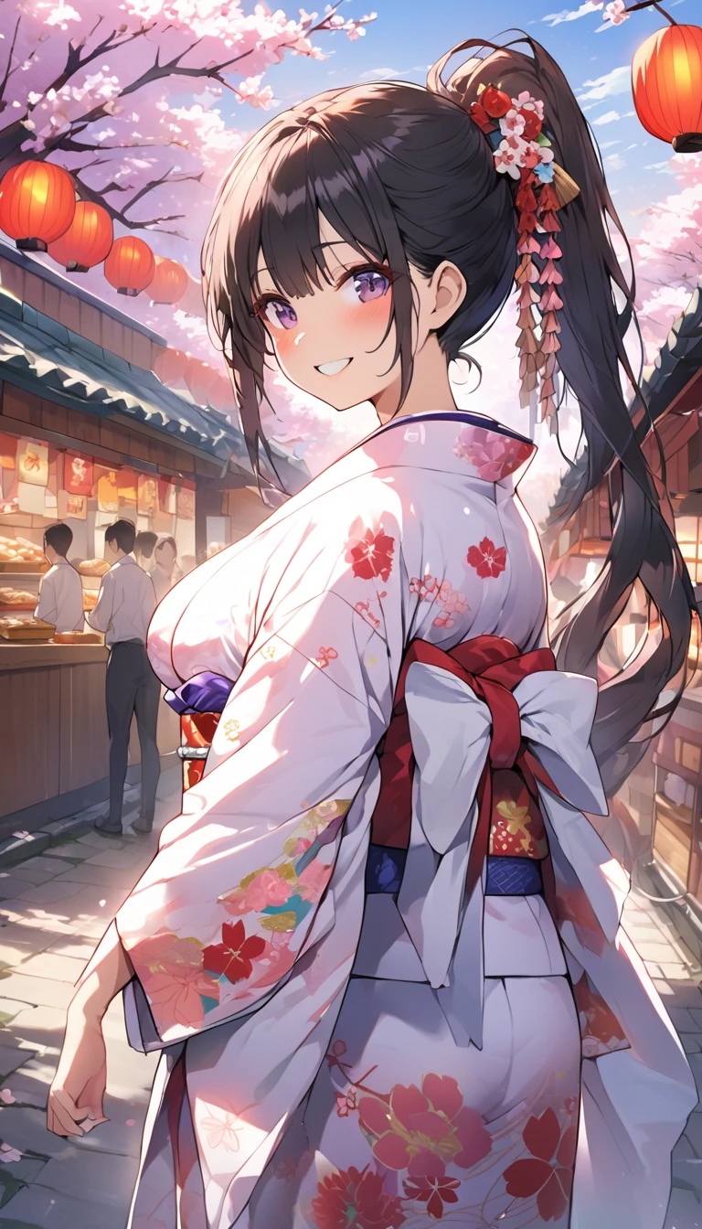 One Woman、beautiful girl、night、nightcherry blossoms、kimono、Beautiful patterned kimono、ponytail、Waraji、School、Back of the school building、spring、cherry blossoms々、はためくcherry blossomsの花びら、Long Hair、Highest quality、Ultra HD、Black Hair、smile、8 heads、White tabi socks、Japanese Umbrella、smile、Cowboy Shot、festival、Many food stalls、Beautiful views、Turn your body forward、Accentuate your breasts