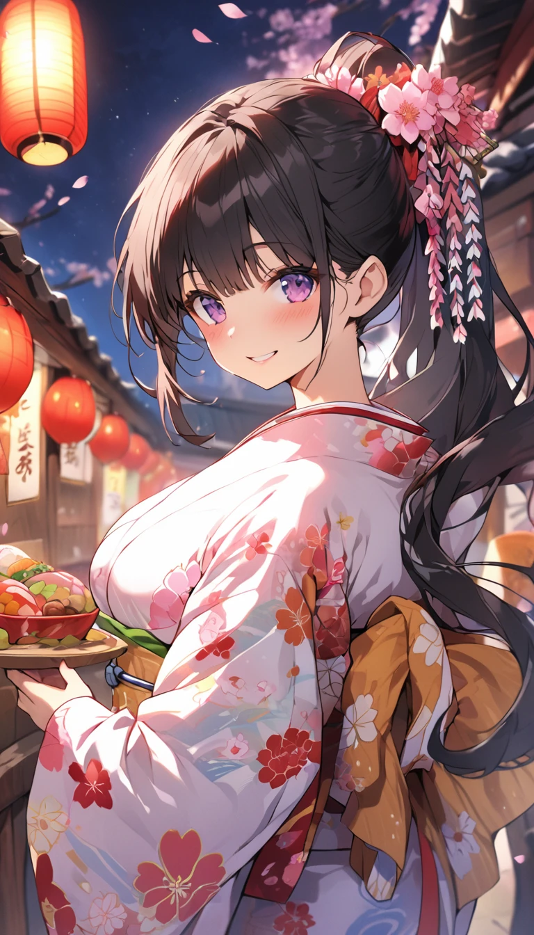 One Woman、beautiful girl、night、nightcherry blossoms、kimono、Beautiful patterned kimono、ponytail、Waraji、School、Back of the school building、spring、cherry blossoms々、はためくcherry blossomsの花びら、Long Hair、Highest quality、Ultra HD、Black Hair、smile、8 heads、White tabi socks、Japanese Umbrella、smile、Cowboy Shot、festival、Many food stalls、Beautiful views、Turn your body forward、Accentuate your breasts