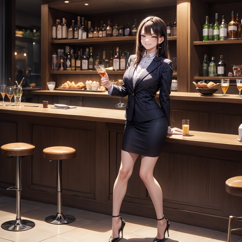 (masterpiece:1.3),(best quality, highest quality),((Full Body Shot,Including face)),girls,4K,masterpiece,((Focus on the face)),((Symmetrical facial features)),Beautiful woman,(slender),((High heels)),Detailed depiction of the face, Cafe clerk ,In front of the bar counter,profile,slenderな女性,In a suit,Age 25,(smirk),OL