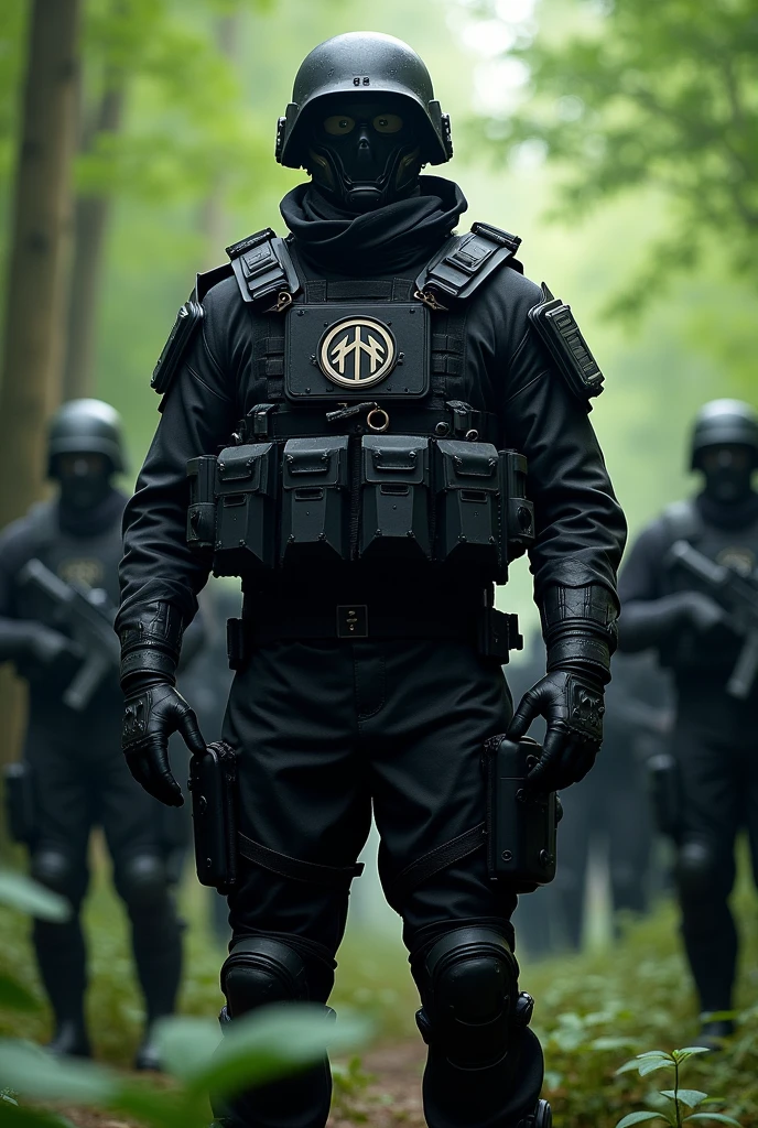 Soldier with black military equipment 2&#39;45 meters tall with black In the middle of a forest next to other soldiers shows the differences in size, also adds the logo of a circle with two arrows In the middle on the uniform shows the logo on the uniform 