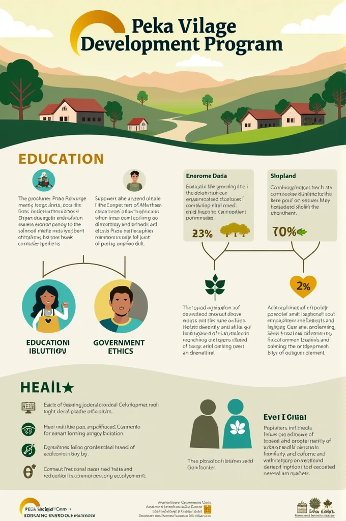 Create a simple and elegant poster design without a lot of writing, use lots of images that can explain the title of the PEKA Village Development Program Poster.
(Education Berkualitas, Government Ethicsan, dan Health Optimal)
2. Subtitle/Main Pillar 1. Education Berkualitas
Manfaat:
Peluang Ekonomi
Health dan Kesejahteraan
Partisipasi Aktif
Strategi:
Teacher Training Infrastructure Improvement Partnership Literacy Program 2. Government Ethics
Tujuan:
Integrity Transparency Accountability Justice Strategy:
Village Apparatus Training Complaint System Budget Transparency Citizen Forum 3. Health Optimal
Manfaat:
Akses Perawatan Medis
Pencegahan Penyakit
Partisipasi dalam Promosi Health
Strategi:
Peningkatan Fasilitas Health
Program Health Masyarakat
Vaksinasi
Kemitraan dengan Tenaga Medis
3. Conclusion PEKA Village Development aims to empower village communities with a focus on education., ethics of government, and health. This is expected to lead to sustainable and prosperous village development..
4. Visual Elements Icons or Images for each pillar (Education, Government Ethics, Health)
Graphs or Diagrams that illustrate the benefits and strategies of consistent and easy-to-read Colors and Fonts
