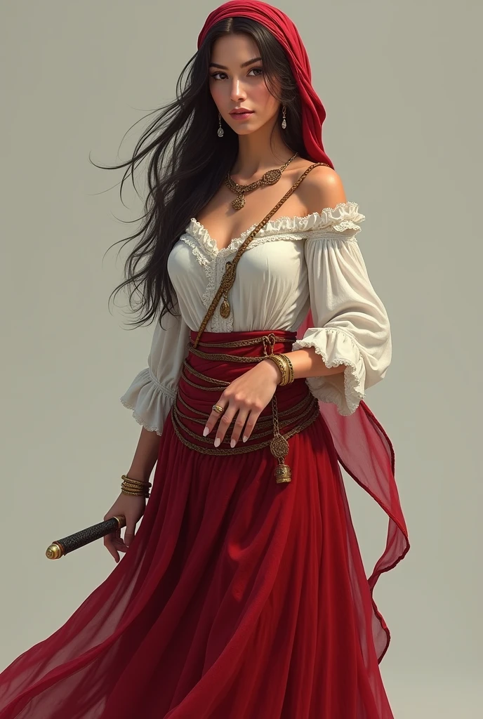a gypsy woman in a white long sleeved blouse with a long red skirt, show your whole body, She is brunette, and the cloth in the hair is a red cloth, she has a small dagger at her waist and a gypsy ring on her fingers and a small golden bracelet