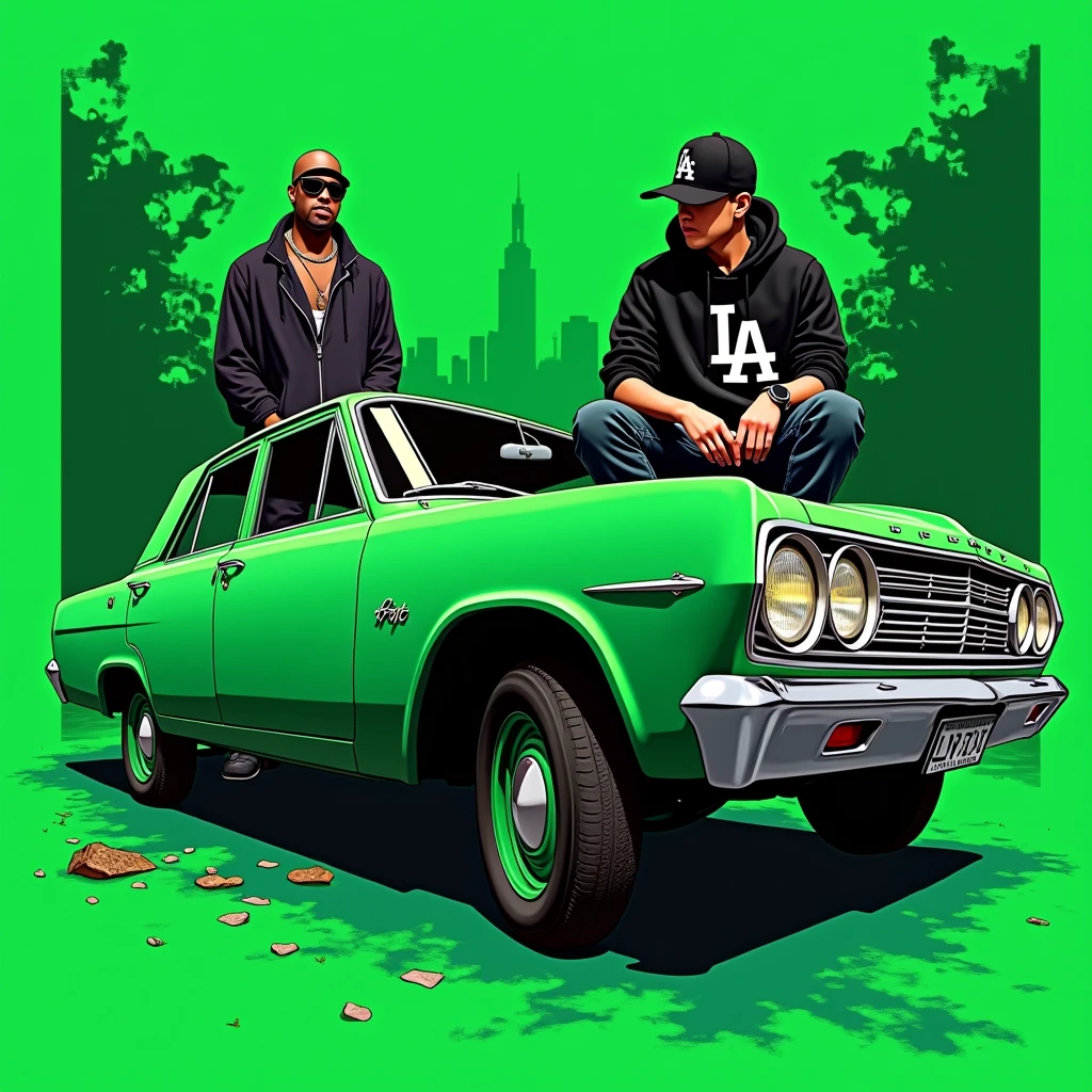 G-FUNK Hip Hop Album Cover, Green Background, Green Car, With If WONA behemes a gangster on the back of the painting, an Asian troublemaker with a black LA hoodie, a black LA ball cap pressed deep, and pulled down a wide pair of jeans One of them sits on the bonnet of the car and lets the car out to the side. Lift the front wheel of the car. Let the person come out in an animated way