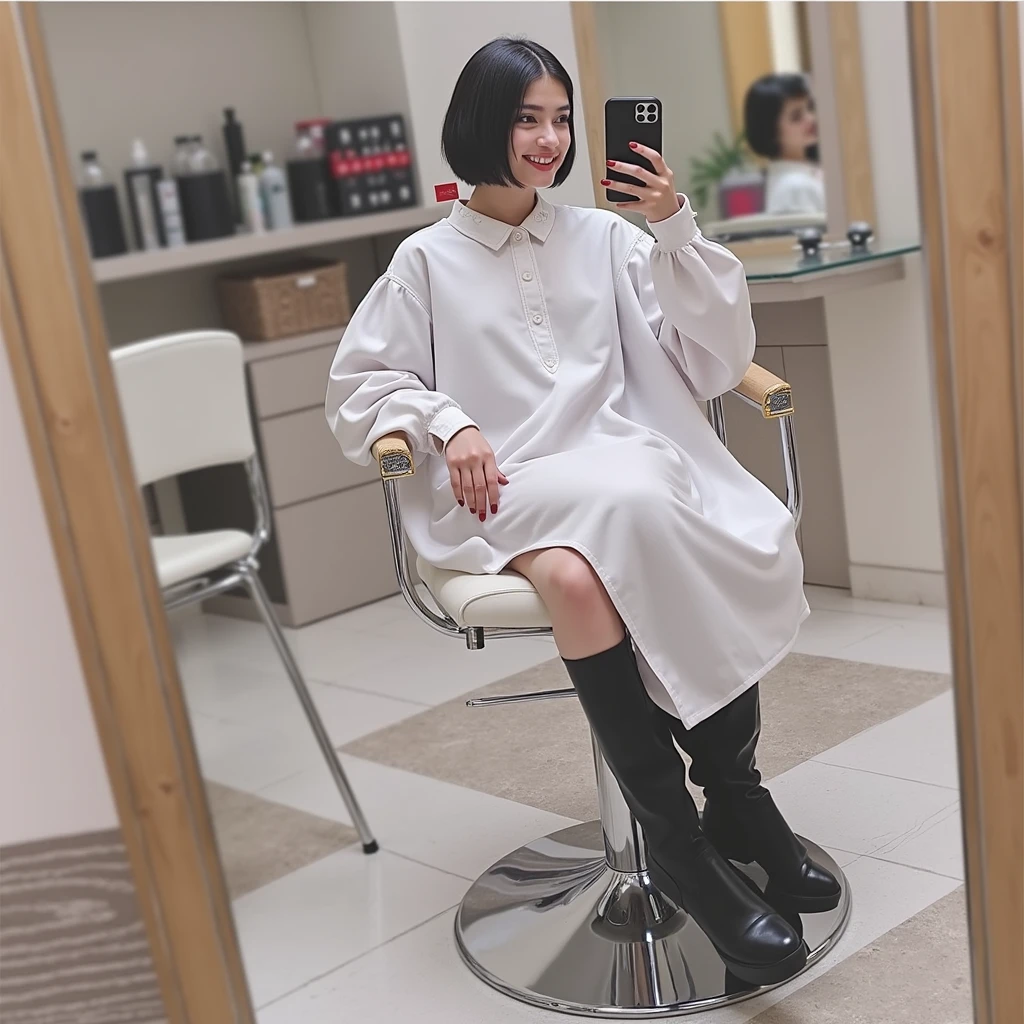 RAW photo, best quality, masterpiece, photorealistic, Polish girl, 20 years old, black hair, Light grey eyes, short bob cut, hair in 7 thirds, hair over one ear, Symmetrical eyes, Detailed Skin, Detailed face, Detailed hands, Big Breasts, rip gloss, She is getting her hair cut in a stylish beauty salon, taking a selfie in the mirror, upper body, iPhone 15, looking at her smartphone, smiling