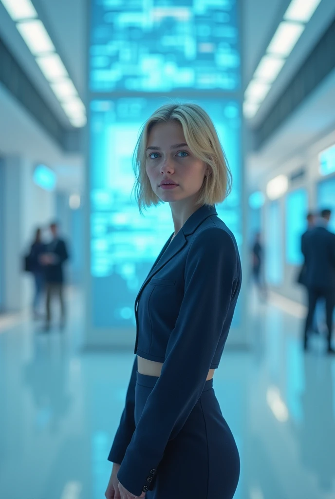 (photorealism:1.2), beautiful woman, swedish, blonde,sad, pensive, assistant, pencil skirt, 18yo, corporate lobby, white floor and ceiling, blue lighting, hologram, projection,looking at camera, short hai