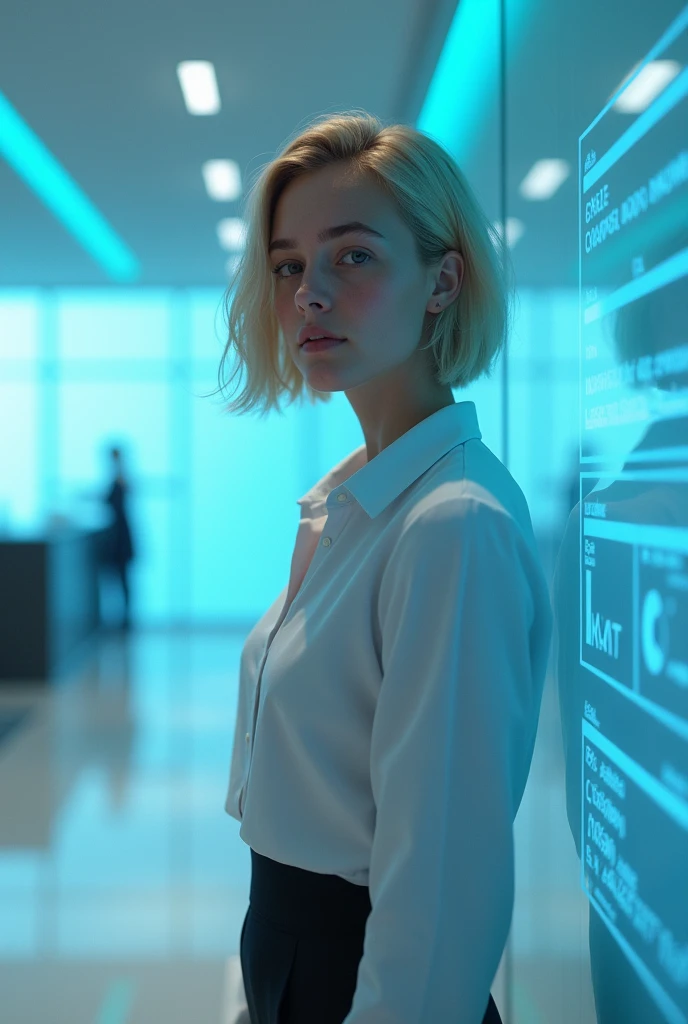 (photorealism:1.2), beautiful woman, swedish, blonde,sad, pensive, istant, pencil skirt, 18yo, corporate lobby, white floor and ceiling, blue lighting, hologram, projection,looking at camera, short hai
