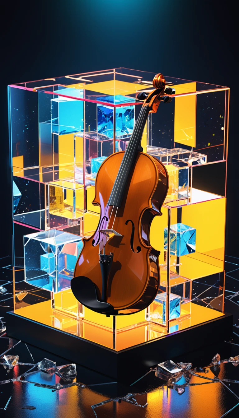 in style of Hans Hartung,in style of Camille Corot-【Thick brushstrokes】-,in style of Carolina Herrera-【Gorgeous clothing designer】-
A fluorescent isometric cube with a violin icon in the cube, cracked ice texture,3d, sense of technology, studio lighting, c4d, neonpunk, micro landscape, 4k