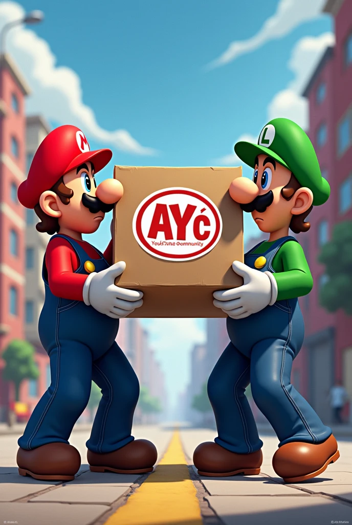 Mario bros lifting a box with an AyC logo