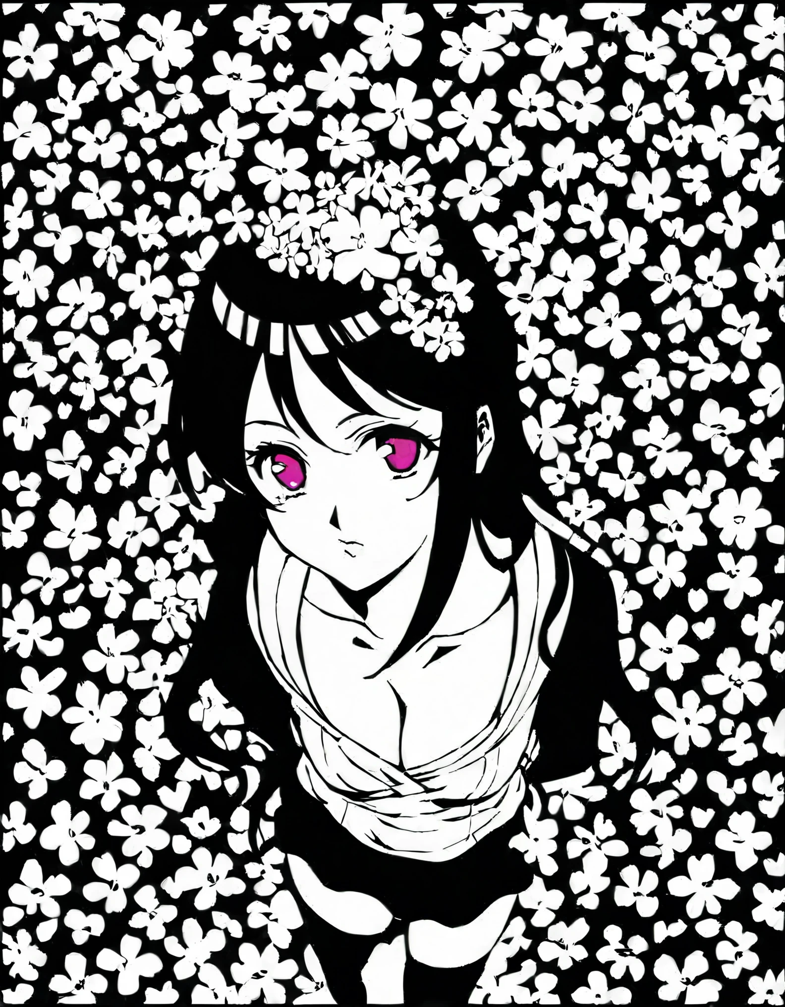 Black and white stick figure 1 girl with flowers, lots of flowers in background, in dress with flowers, its fine ink line art, comic style, portrait of Nezuko Komado, black hair, pink eyes, Hollywood glam, beautiful line art, black and white comic style, manga style, manga art style, standing, contrapposto, thigh highs, illustrative drawing, black and white coloring, ornate border, cleavage, arms behind back,
