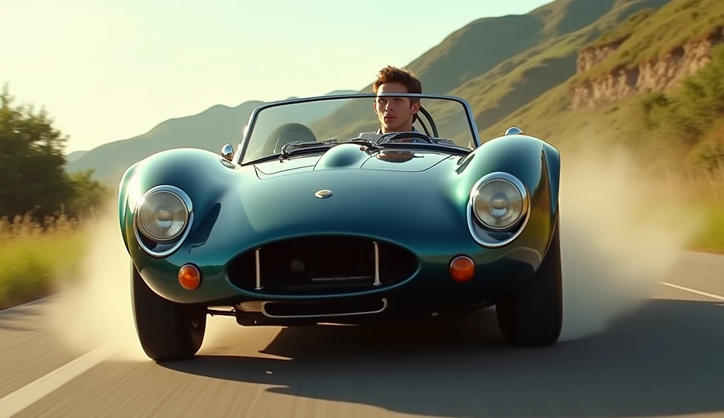 Young man driving the triumph car at full speed 