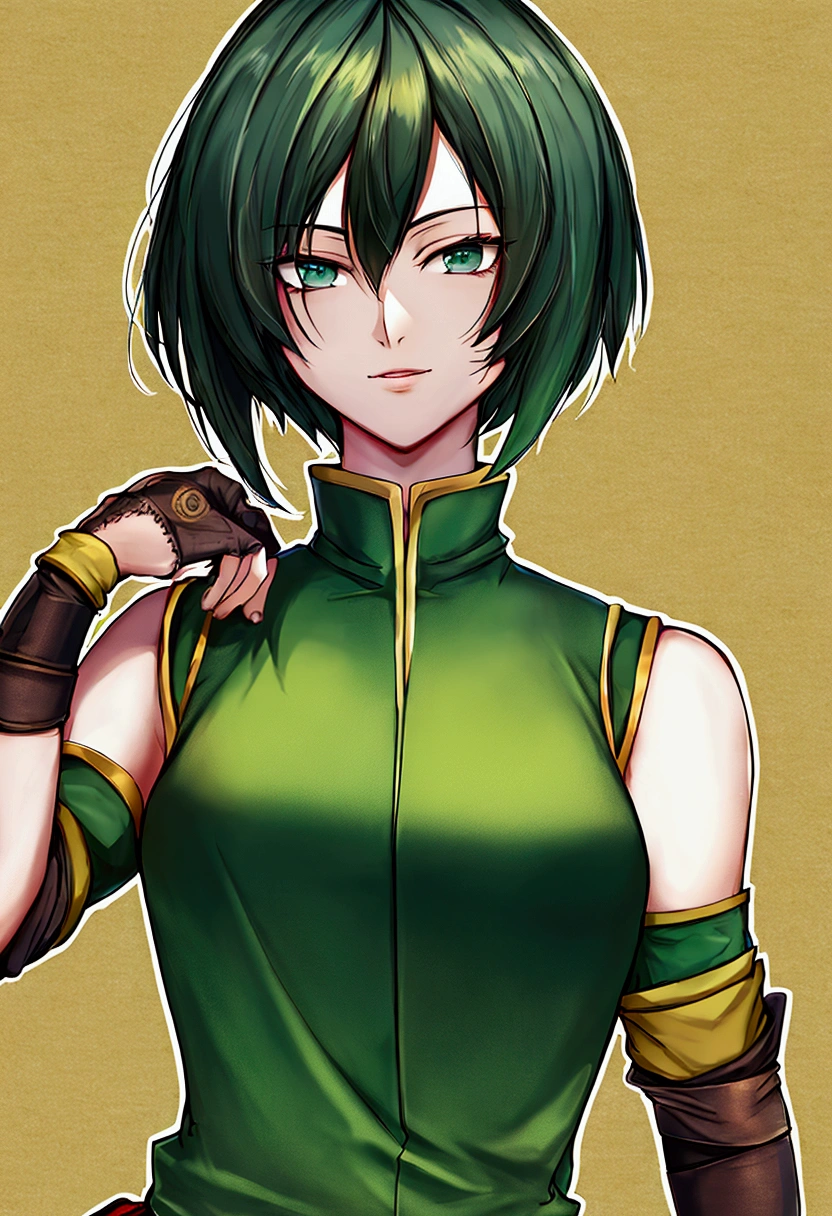 1female , black Hair ,bowl tails , Floating in air , green Bodysuit , green Dress , blue Superhero Suit , angry Expression , green Eyes, black belt wrapping suit,