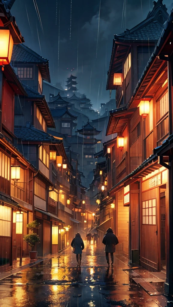 A view of the village with many lights on the buildings, Dreamy city in China, Chinese Village, Awesome Wallpapers, Japanese Street, Japanese Village, 超リアルな町のphotograph, Old Asian Village, Japanese cities, Raymond Han, Rainy night, Cyberpunk Chinese Ancient Castle, beautifully照らされた建物, Rainy Evening, beautifully、aesthetic, photograph, Cinematic, 8k, Detailed ((heavy rain)))、Masculine