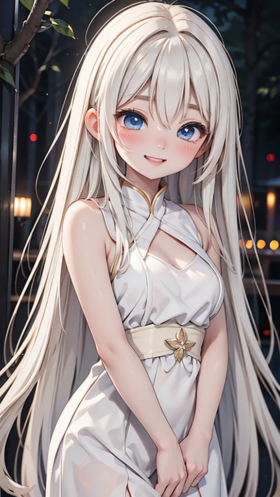 "European woman in her late 20s、Anime style illustrations。Short、Young and beautiful、Fair skin。With a bright and warm smile、Eyes gently closed。Cheeks are plump and full、The corners of the mouth naturally rise, making the teeth slightly visible.。Faint laugh lines at the corners of the eyes along the closed eyes。Overall soft、Happy expression。Long, light golden-white hair。Slender and slim figure。Wearing an elegant dress like a fairy。The background is a night forest。The overall atmosphere is delicate and dreamy.。High quality digital art。"