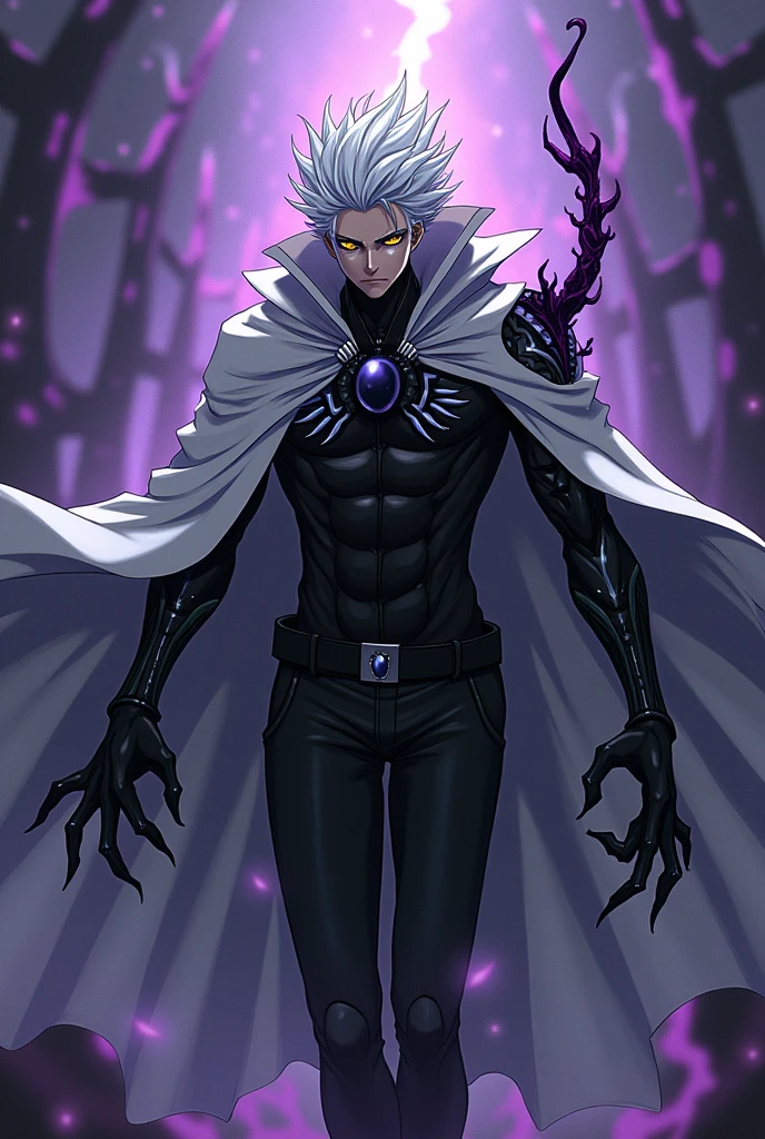 I want you to create a character that has gravity abilities and is a necromancer and has yellow eyes and white hair and a half draconic arm and has a spider cloak, the cloak is black and white, and I want you to make it a male anime version, now make this character using the 2 skills, he sadistic, right arm is dragon and the left is human, make him with a purple aura, black and white cloak