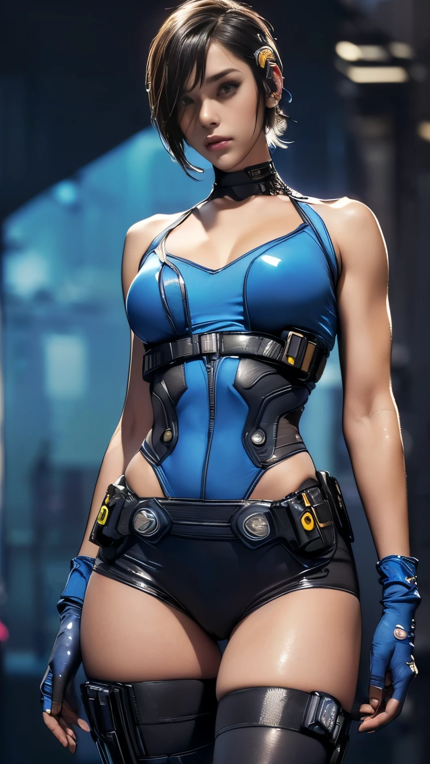 (A woman),(((A female member of the Future Force stands))),((Shiny dark blue tactical high leg tights:1.5)),((earphone:1.5)),((Tactical Holster:1.5)),(Gloves:1.5),(Serious:1.5),(Super short hair:1.5),(beautiful eyes:1.3),(Very detailedな顔:1.5),((Very detailed drawing of a female hand:1.5)),(((muscular:1.5))),((Sexy appearance:1.5)),((Thick thighs:1.5)),(Beautiful Body:1.5),((Very sensual:1.5)),(The backdrop is a futuristic city:1.5),(Cyberpunk atmosphere:1.5),(((Blurred background:1.5))),(Written border depth:1.5),rest(((masterpiece:1.5),(best quality:1.5),(Very detailed:1.5),(high resolution:1.5),(Practical:1.5),(Practical:1.5),(Delicate depiction),(carefully drawn))),8K,wallpaper, (((Camel Toe 1.5)))