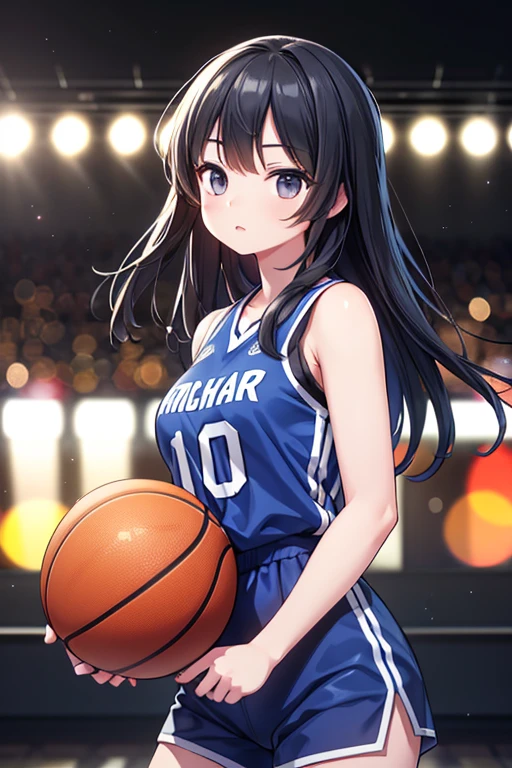 (8k, Highest quality, masterpiece:1.2), (Realistic, photo-Realistic:1.37), Very detailed,Highest quality, Ultra-high resolution, Professional Lighting, Photon Mapping, Radio City, Physically Based Rendering, Cinema Lighting, Basketball court,Depth of written boundary, Sharp focus,Sunbeam, Good composition,(Bokeh:1.2) One person,alone,(whole body), (Mouth closed),Beautiful attention to detail, Pause, Tight waist,Basketball Uniforms, Black Hair,Messy Hair,Long hair blowing in the wind,(Urzan-6500:1.2),  Mix 4, 