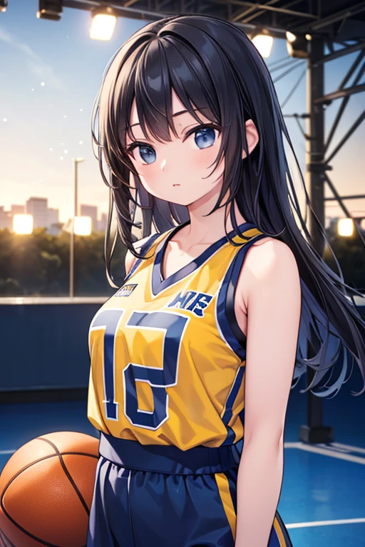 (8k, Highest quality, masterpiece:1.2), (Realistic, photo-Realistic:1.37), Very detailed,Highest quality, Ultra-high resolution, Professional Lighting, Photon Mapping, Radio City, Physically Based Rendering, Cinema Lighting, Basketball court,Depth of written boundary, Sharp focus,Sunbeam, Good composition,(Bokeh:1.2) One person,alone,(whole body), (Mouth closed),Beautiful attention to detail, Pause, Tight waist,Basketball Uniforms, Black Hair,Messy Hair,Long hair blowing in the wind,(Urzan-6500:1.2), Mix 4,