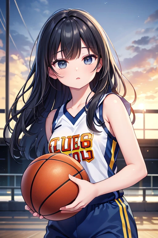 (8k, Highest quality, masterpiece:1.2), (Realistic, photo-Realistic:1.37), Very detailed,Highest quality, Ultra-high resolution, Professional Lighting, Photon Mapping, Radio City, Physically Based Rendering, Cinema Lighting, Basketball court,Depth of written boundary, Sharp focus,Sunbeam, Good composition,(Bokeh:1.2) One person,alone,(whole body), (Mouth closed),Beautiful attention to detail, Pause, Tight waist,Basketball Uniforms, Black Hair,Messy Hair,Long hair blowing in the wind,(Urzan-6500:1.2),  Mix 4, 