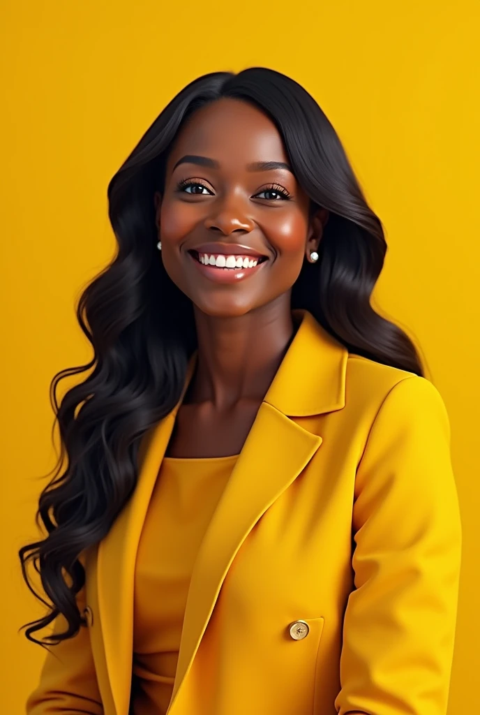 Realistic photo of a successful black woman with long wavy hair wearing a yellow blazer, and is very confident and happy, with a successful woman pose, ONLY THE FACE, now with a light yellow background and no smiley face
