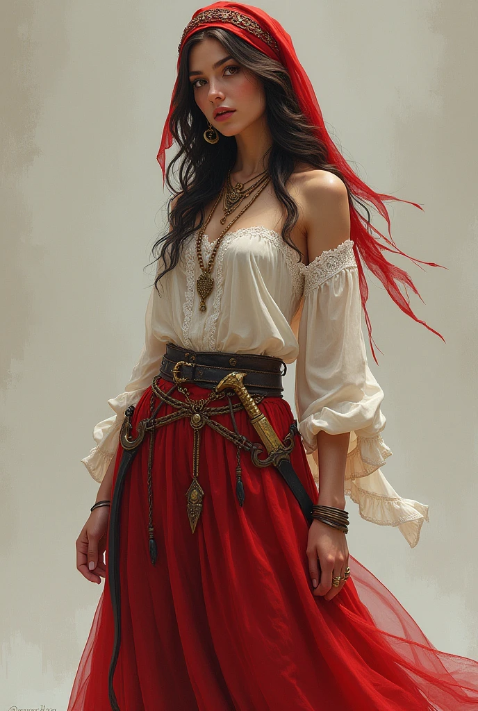 a gypsy woman in a white long sleeved blouse with a long red skirt, show your whole body, She is brunette, and the cloth in the hair is a red cloth, she has a small dagger at her waist and a gypsy ring on her fingers and a small golden bracelet