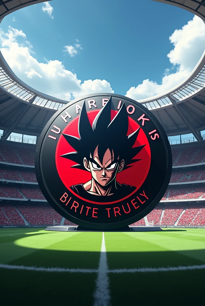 "Design a football stadium in a modern style. The stadium should feature a large, round football shield with black and red colors prominently displayed on the central part of the field. The shield should have an image of Evil Goku at the center, with 'White DKS' above the shield and 'Rei dos Passes' below it. Ensure the stadium and shield design are in high-definition 4K."