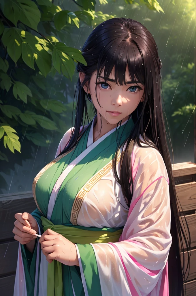 field、Meadow、forest、water、 (Highest quality,4K,8k,High resolution,masterpiece:1.2), Very detailed, (Realistic,Realistic,Photorealistic:1.37), High resolution, Hyper HD, Studio Lighting, Ultra-fine painting, Sharp focus, Physically Based Rendering, Very detailed説明, Professional, Vibrant colors, Bokeh, Sports Late, Ancient War Landscapes, Traditional Chinese Painting Techniques, Atmospheric lighting, Vivid color contrast, Visually stunning composition, Ethereal atmosphere,Very detailed目と顔, Beautiful attention to detail, Light on the face, (Hanfu: 1.1),My whole body is wet、My clothes are wet and transparent、Nipples are visible、nipples color pale pink、Dynamic pose、Rain clouds spreading across the sky、Heavy rain weather、Pouring rain、Wind and rain storm、((Soaked skin from head to toe))、((Rain-soaked clothes(Rain dripping from clothes))、((The lines of your body are clearly visible through your wet clothes..))、Green Eyes、Serious expression