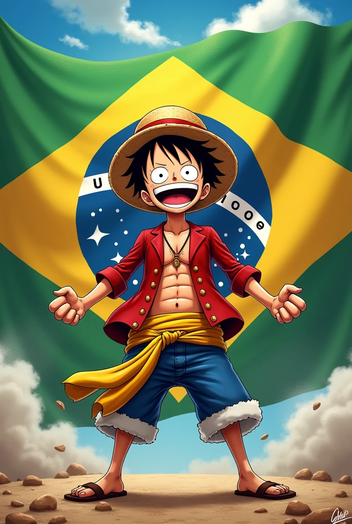 Luffy Gear five laughing with a photo of the Brazilian flag in the background