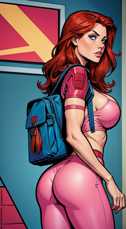.2 woman , long and smooth red tone hair, bright and expressive blue eyes, she opted for a pink military outfit. Booty, busty. Comic style. Marvel comics. Bagpack