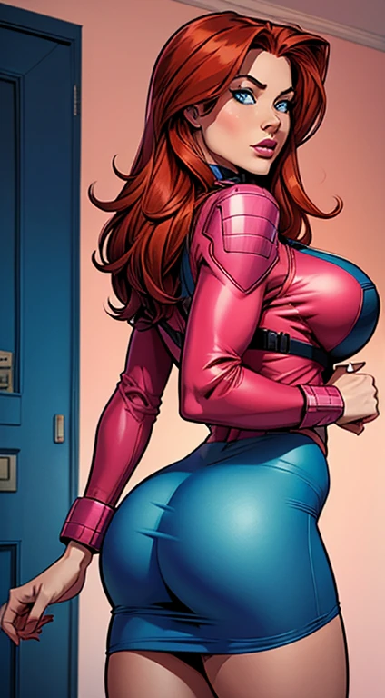 .21 years old woman , long and smooth red tone hair, bright and expressive blue eyes, she opted for a mercenary outfit. Booty, busty. Comic style. Marvel comics