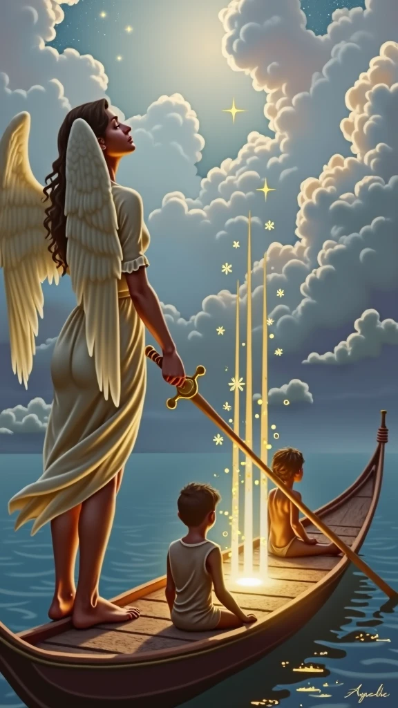 Design a stunning and highly detailed image for the “Six of Lights” card in the Lumen Angelis deck, inspired by the “Six of Swords” from the Rider-Waite Tarot. It depicts an angel seen from behind, guiding with an oar, in the manner of a Venetian gondolier, a small illuminated boat across a tranquil celestial river of light. The boat is pierced by six radiant swords of light, arranged in a protective semicircle around the figures on board. On board the boat are two more silhouettes, a mother and her young son. The angel at the helm steers the boat with a gentle but determined expression, wings spread and shining. The river flows through a serene, otherworldly landscape of floating, shimmering orbs and soft, misty clouds, suggesting a journey of transition and healing. The sky is a gradient of twilight hues, with a starry expanse, symbolizing guidance and safe passage through difficult times.