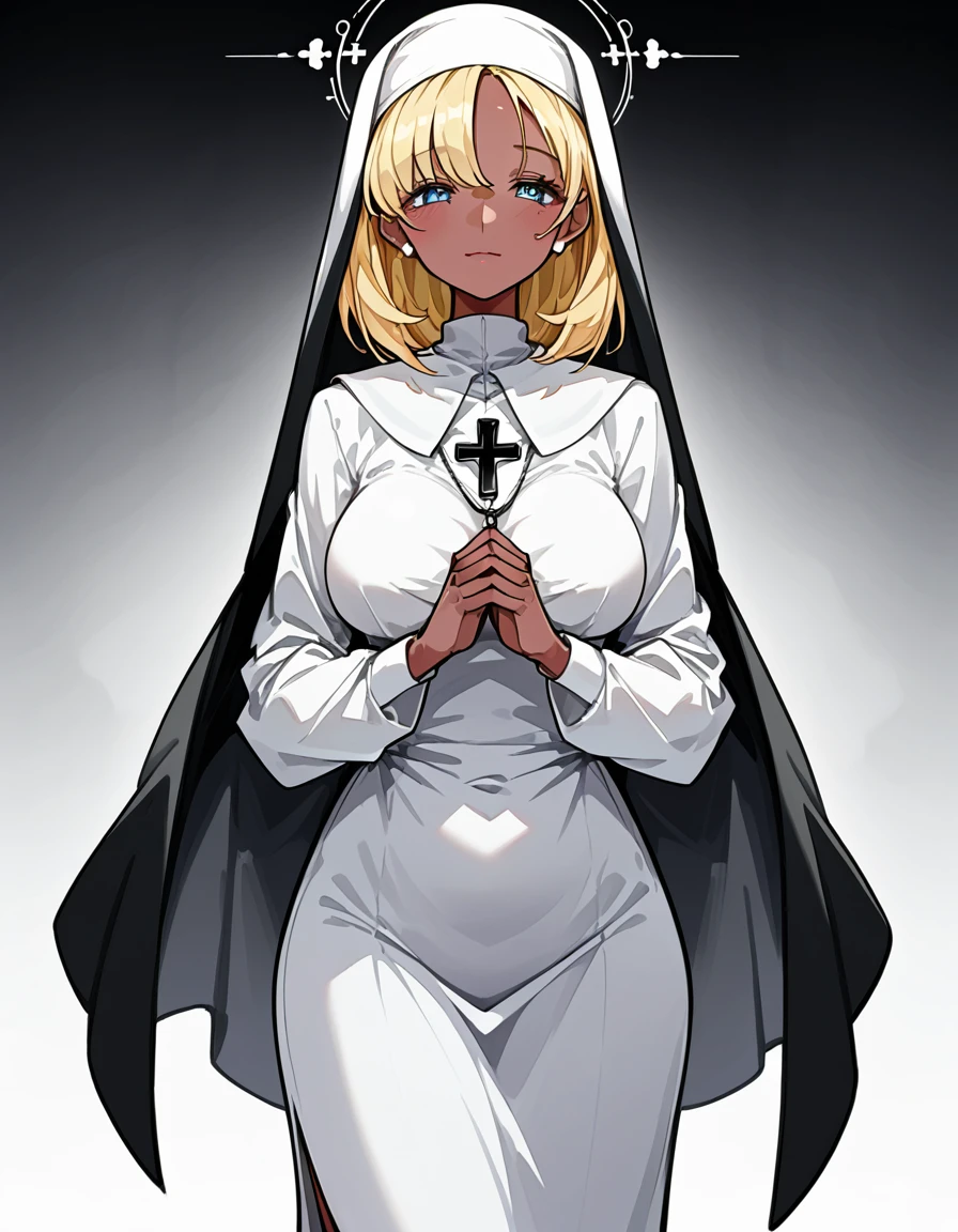 (medium breast:1.6),(mature woman:1.8),( years:1.6),(Blonde:1.6),(darkskin:1.3),anime character dressed in Nuns outfit with cross and blue eyes, detailed Digital anime art, Nuns, Nuns outfit, 4K Manga Wallpapers, Gweiz-style artwork, clean Detailed anime art, Digital anime illustration, [ 4k digital art ]!!, Digital anime art, guweiz on pixiv artstation, Nuns fashion model, Detailed anime art