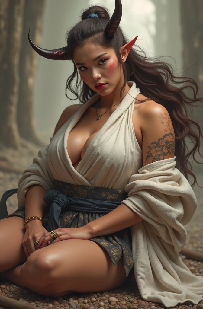 Numerous award-winning masterpiece, with incredible detail, textures and maximum detail), (hyper realistic:1.4), (full-body image:1.6),(beautiful female oni warrior:1.7),( sitting in seiza pose:1.7) (thick curvy and mature body yet muscular:1.5), (reddish fair skin tone:1.3), (wearing off shoulders kimono1.2), (2 long oni horns:1.44),(pointy ears)(white long hair blown by the wind:1.2) (wind effect) (best quality real texture skin), (finely detailed true circle eyes), (finely Detailed and beautiful face that is out of this world:1.6), (The challenging look of the proud warrior), (She has serious gaze in her eyes and a grin on her face:1.3), (Beautiful eyes that sparkle and shine), (Dramatic Light),(A majestic sight), (((dramatic photo))),(Sunny), ((dramatic pose)), (flamboyant photo), (golden hair), epic realistic, faded, art, (art station:1.5), cinematic, ((neutral colors)), (hdr:1.5), (muted colors:1.2), hyper detailed, dramatic light, (intricate details:1.1), complex background,