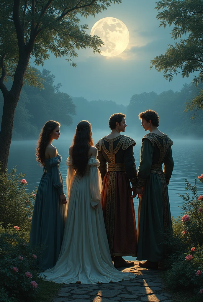 A GARDEN , a lake, AT NIGHT TWO WOMEN WITH BROWN AND BLACK HAIR, TWO MEN FROM THE MEDIEVAL TIMES