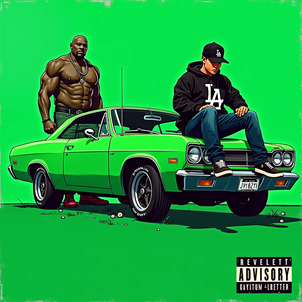 G-FUNK Hip Hop Album Cover, Green Background, Green Car, With If WONA behemes a gangster on the back of the painting, an Asian teen troublemaker with a black LA hoodie, a black LA ball cap pressed deep, and pulled down a wide pair of jeans One of them sits on the bonnet of the car and lets the car out to the side. Lift the front wheel of the car. Let the person come out in an animated way